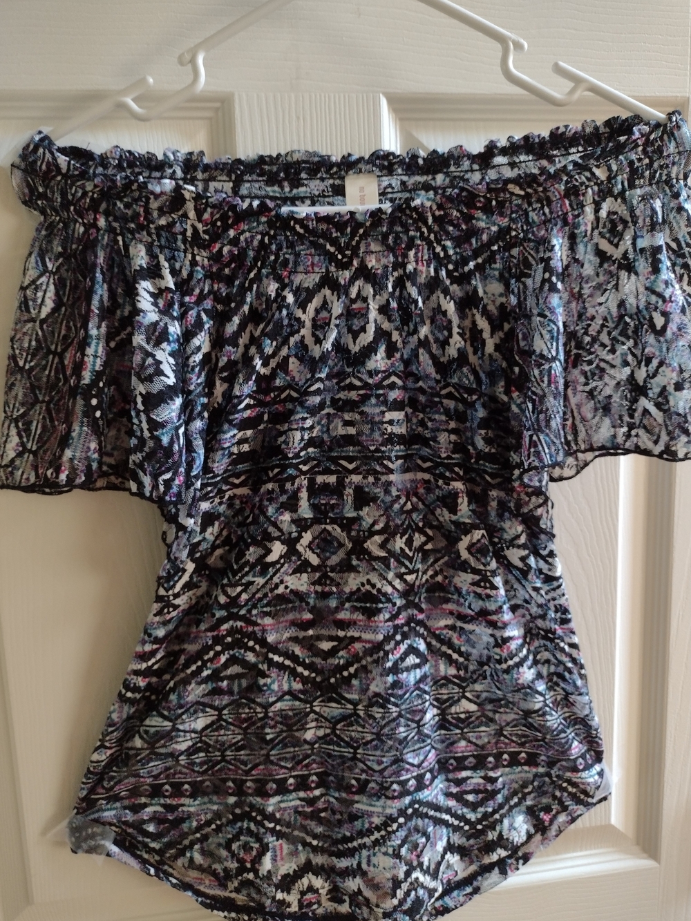 Boho Smocked Off-Shoulder Top in Black & White Pattern - Picture 5 of 5